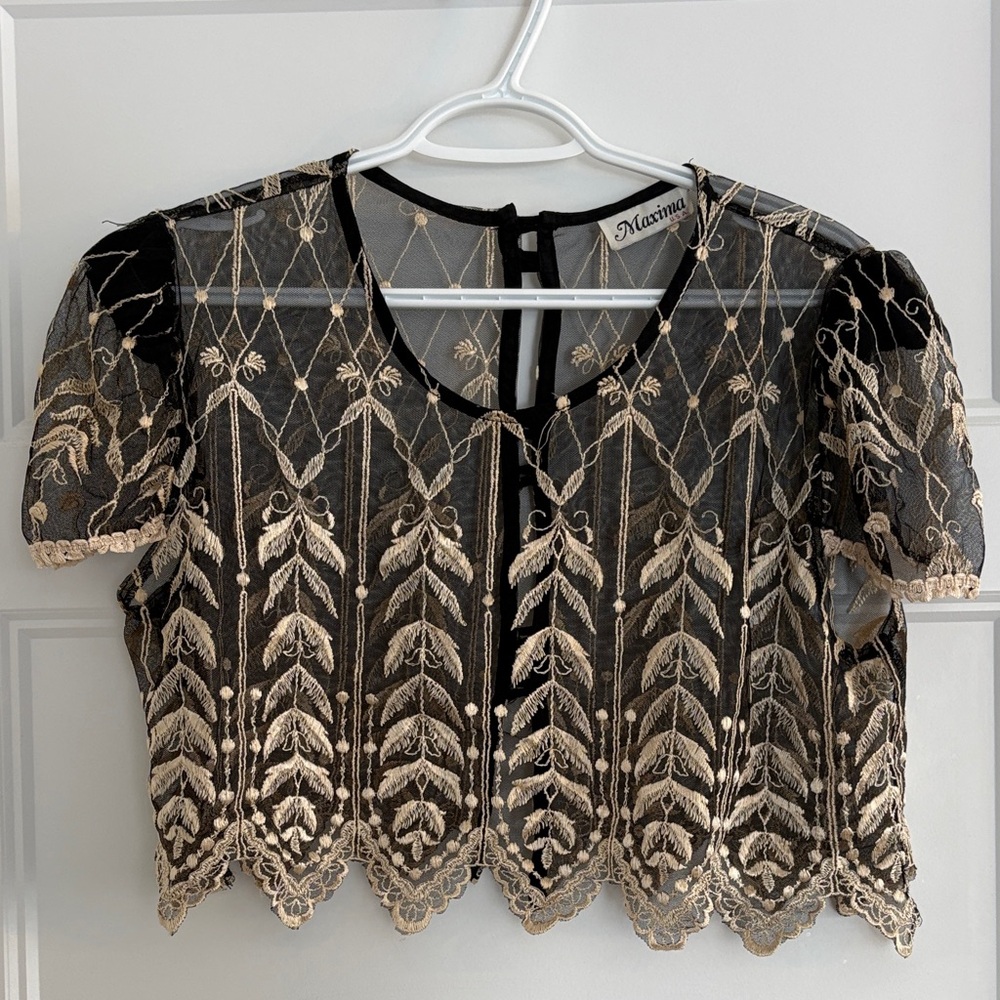 Vintage Lace Black & Gold Embroidered Sheer Crop Top with Cap Sleeves